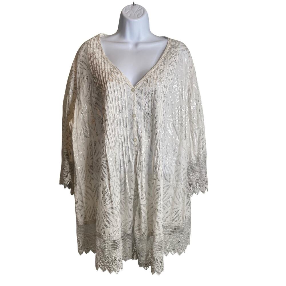 Macy's Alfani Womens Pintuck Metallic Lace Trim Popover Tunic Top Size 18W Fairy